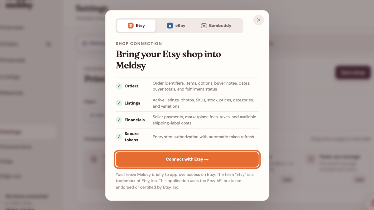 Meldsy Connections window showing the eBay connection option.