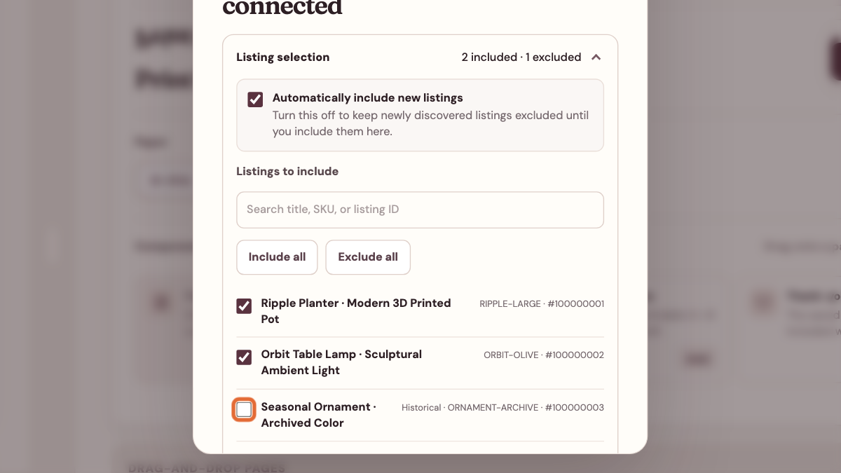 Meldsy listing selection controls with sample included and excluded rows.
